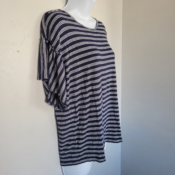 Wrangler Retro Small Navy Blue & White Striped Blouse Short Sleeve Ruffle Trim - Picture 3 of 5